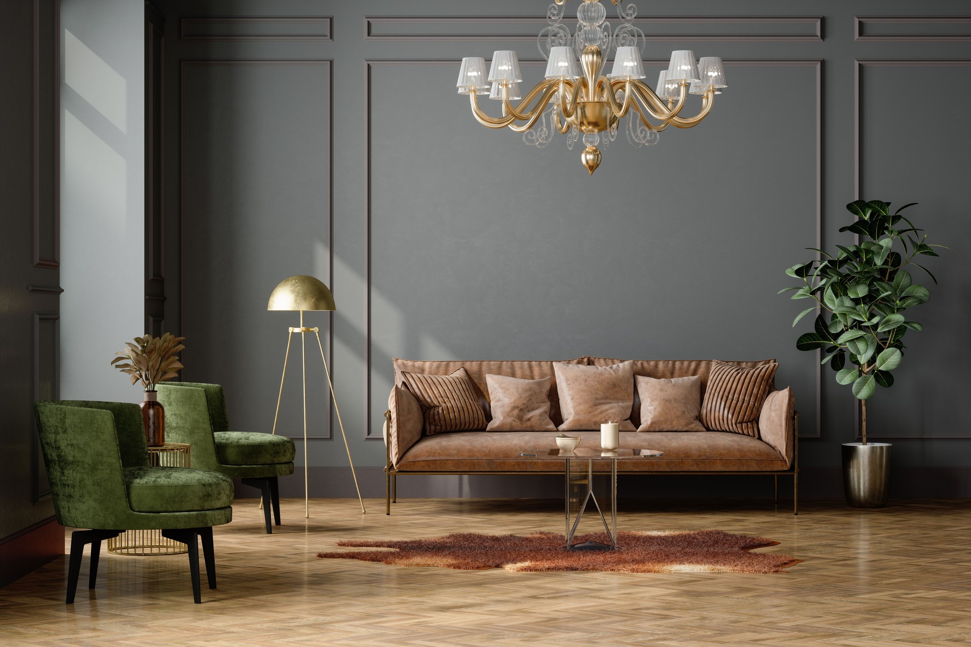 Elegant Living Room Interior With Green Velvet Armchairs, Brown Leather Sofa, Floor Lamp, Coffee Table And Empty Wall